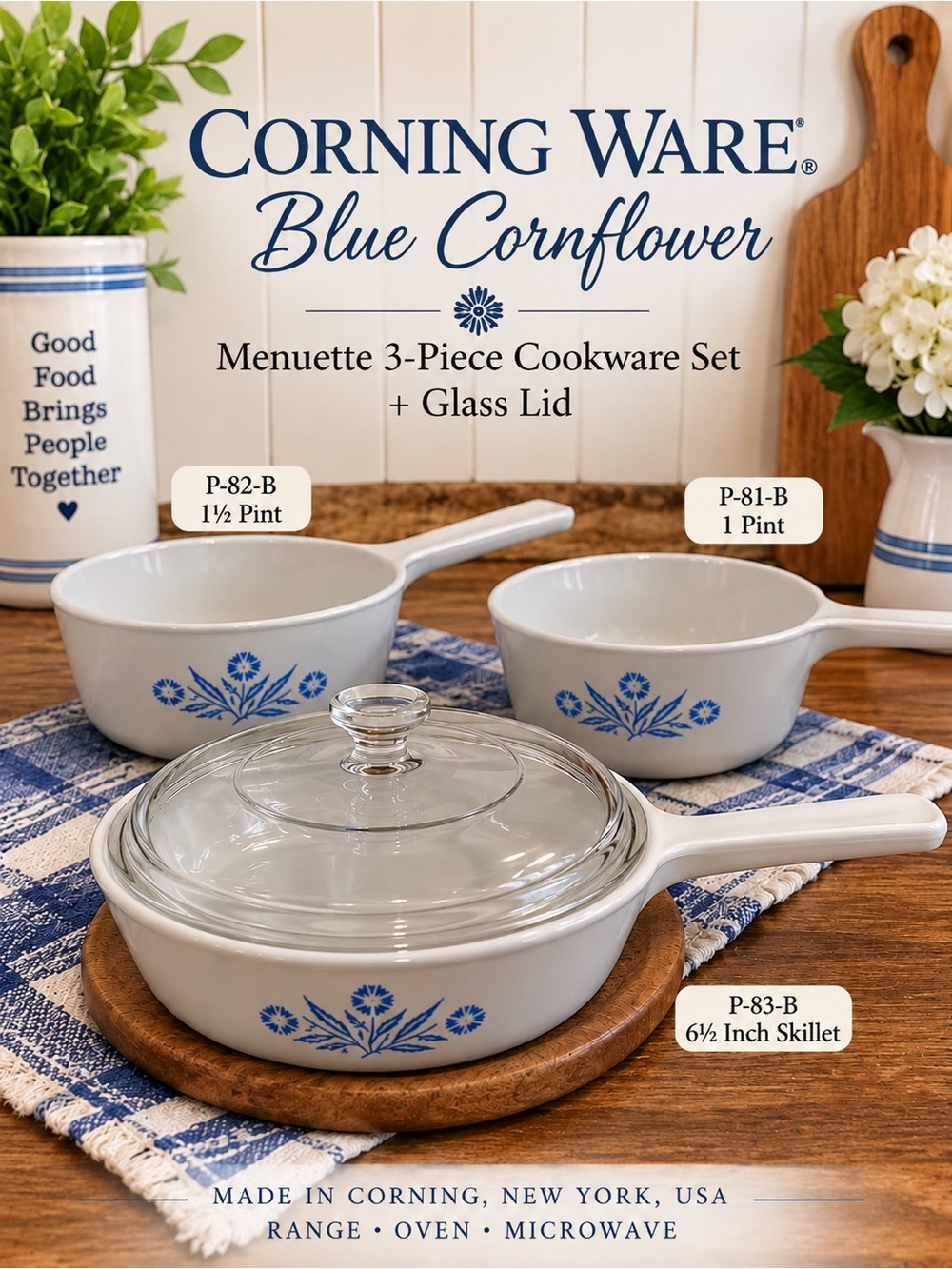 Vintage CorningWare Blue Cornflower Menuette 3-Piece Pan Set + Glass Lid | USA